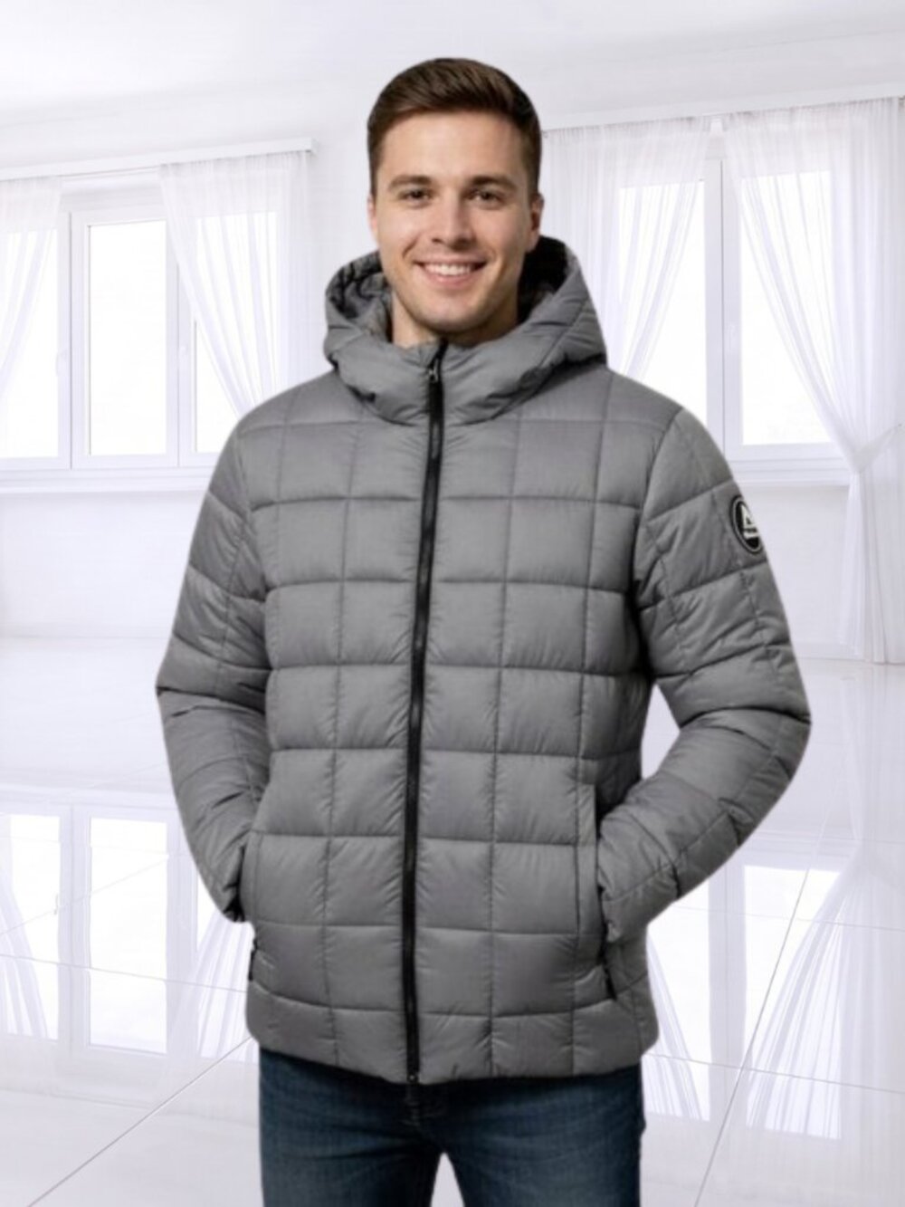 NWT Reebok Glacier Shield Puffer Jacket Grey S Hooded Zip Lightweight Coat